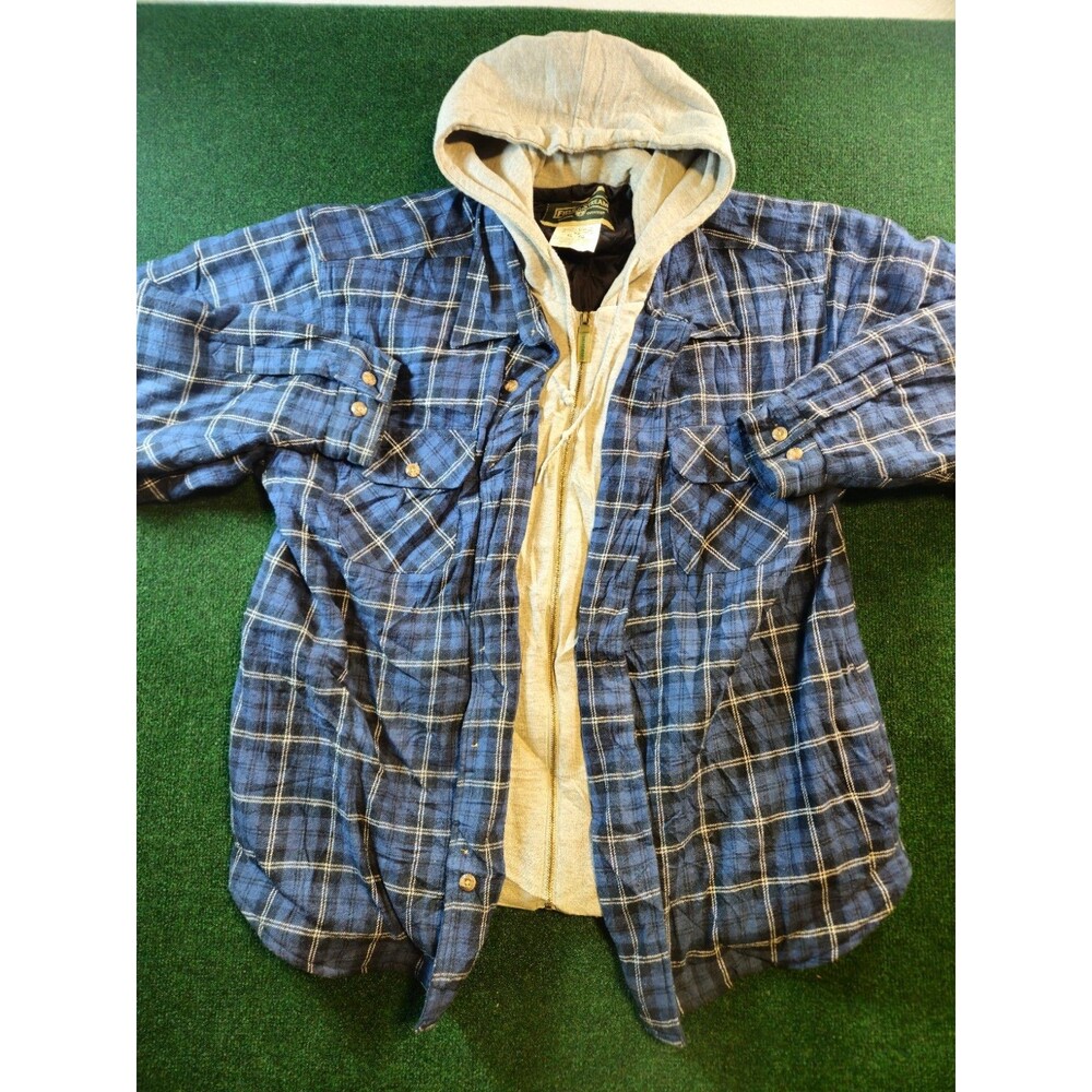 Field & Stream Men XL Blue Plaid Jacket Zip Flannel Hoodie Shacket Quilted Lined